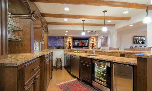 Entertainment space with integrated television and audio, pictured on the existing AV Tech website